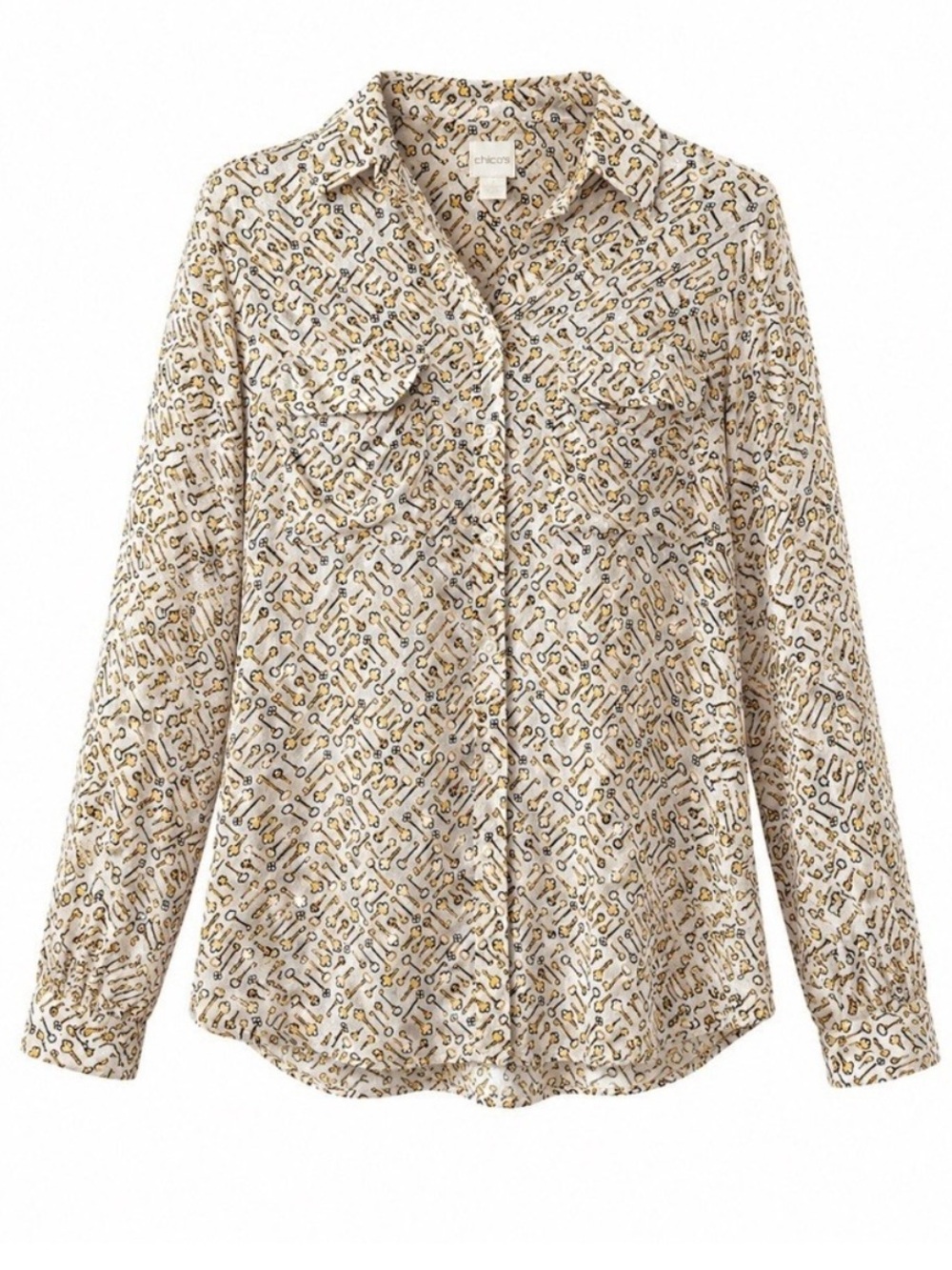 Chico’s black gold tan key print long sleeve button down blouse shirt Size M